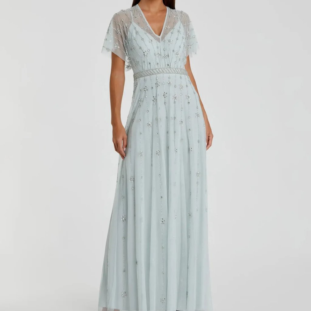 Nwt Mac Duggal Blue V Neck Embellished Flutter Sleeve A Line Gown